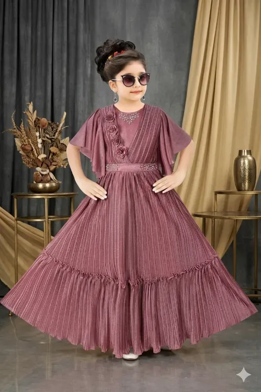 Elegant Pleated Party Gown for Girls (Mauve)