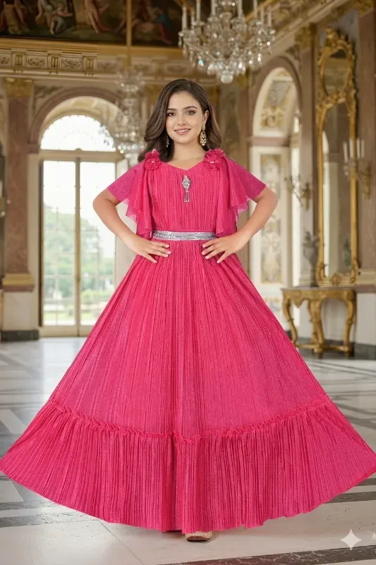 Royal Pleated Party Wear Gown for Girls (Rani Pink)