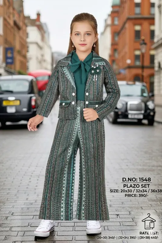 Stylish Printed Palazzo Set with Jacket for Girls (Bottle Green)