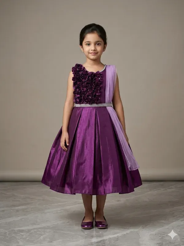 Floral Embellished Party Dress for Girls (Wine Purple)
