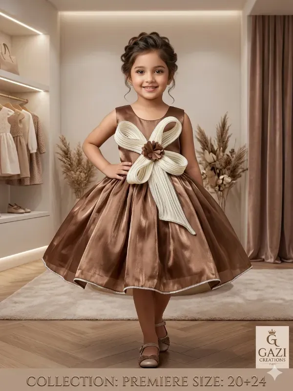 Bow Design Party Dress for Girls (Chocolate Brown & Cream)