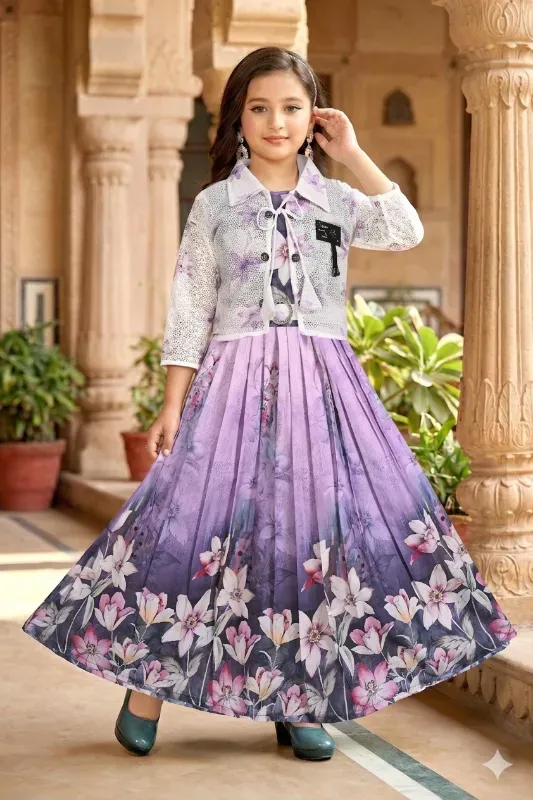 Lavender Bloom Printed Girls Long Frock with Jacket