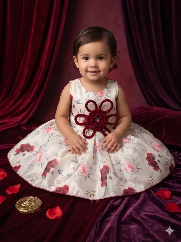 White & Red Rose Floral Baby Party Dress