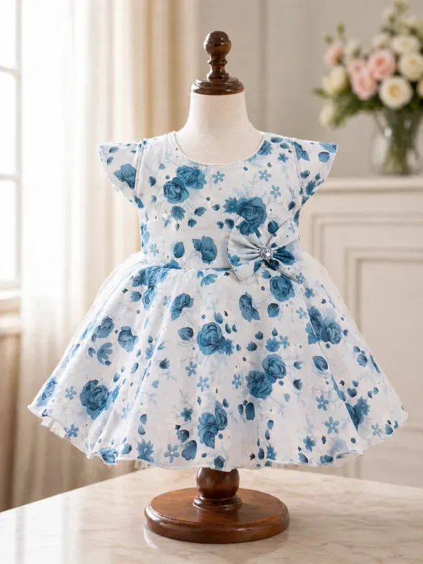 Powder Blue Floral Bow Party Dress