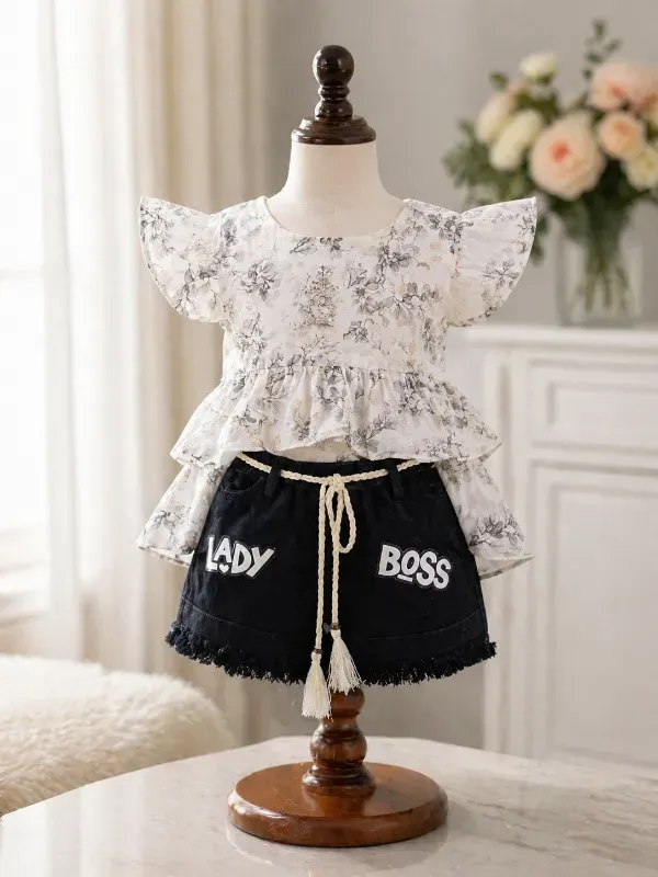 Ivory Floral Top & Black “Lady Boss” Shorts Set