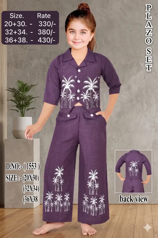 Trendy Purple Palm Tree Embroidered Girls Co-Ord Set