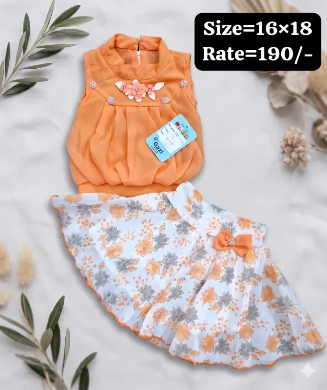 Cute Peach & White Floral Girls Top Skirt Set