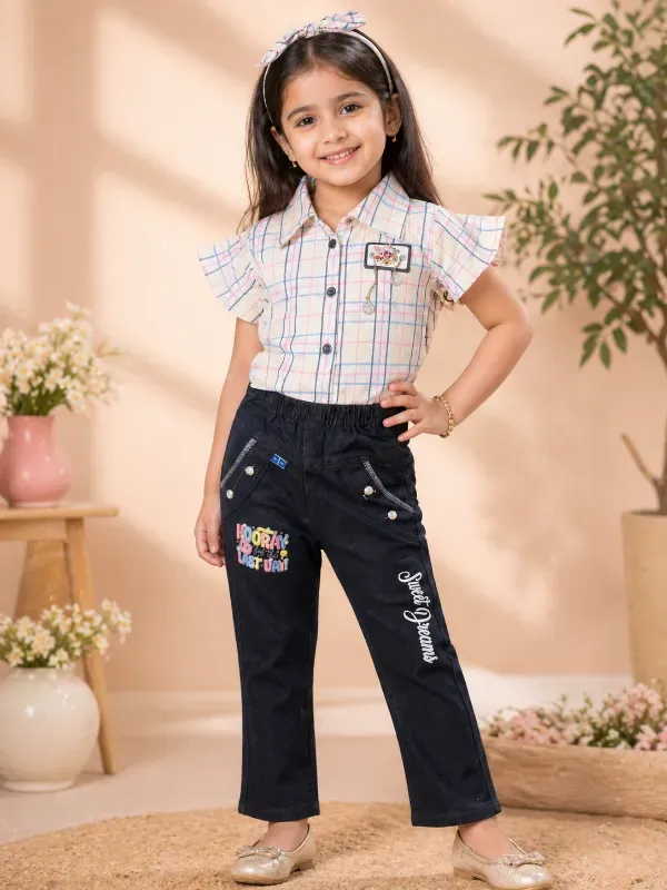 Stylish Cream Checked Top with Black Denim Pants Girls Set