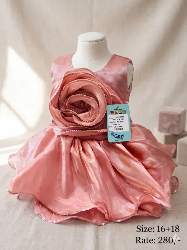 Elegant Peach Satin Baby Girl Party Dress with 3D Floral Design