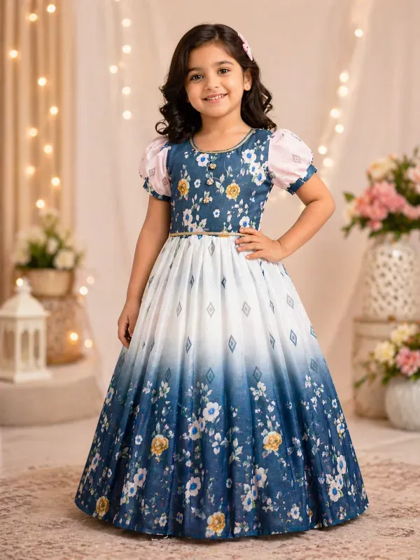 Blue Ombre Floral Party Dress for Girls