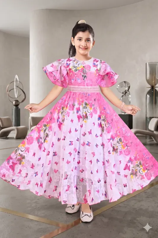 Girls Stylish Butterfly Print Party Wear Gown Dress