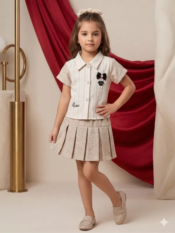 Stylish Beige Girls Top & Skirt Set with Pleated Design