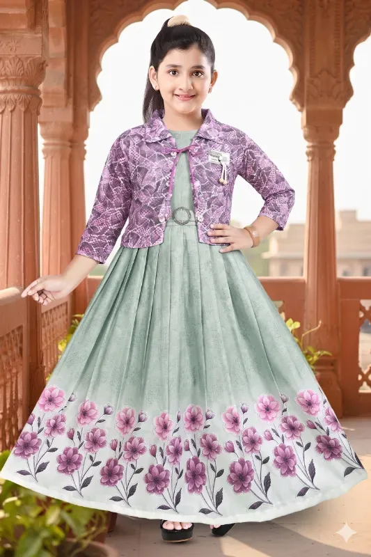 Elegant Green Floral Girls Party Wear Gown with Printed Jacket