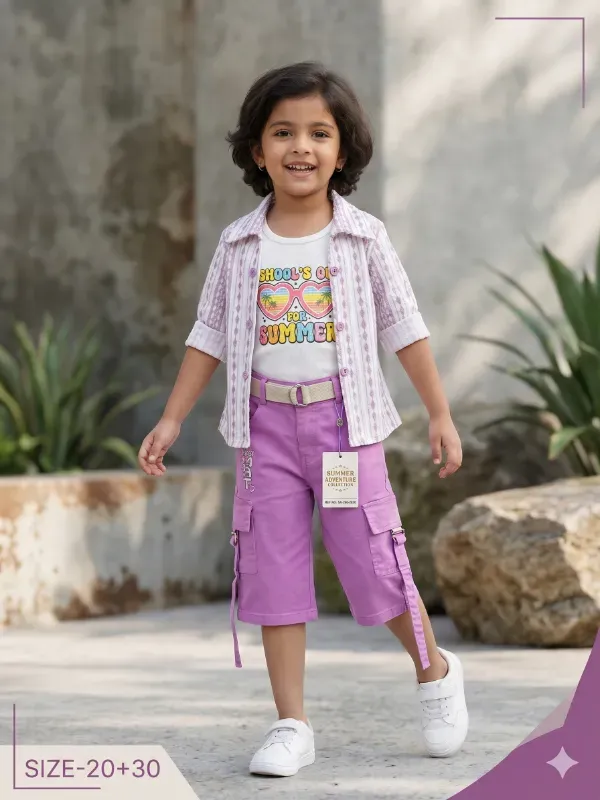 Trendy Purple Girls 3-Piece Casual Outfit Set with Printed Tee & Shirt