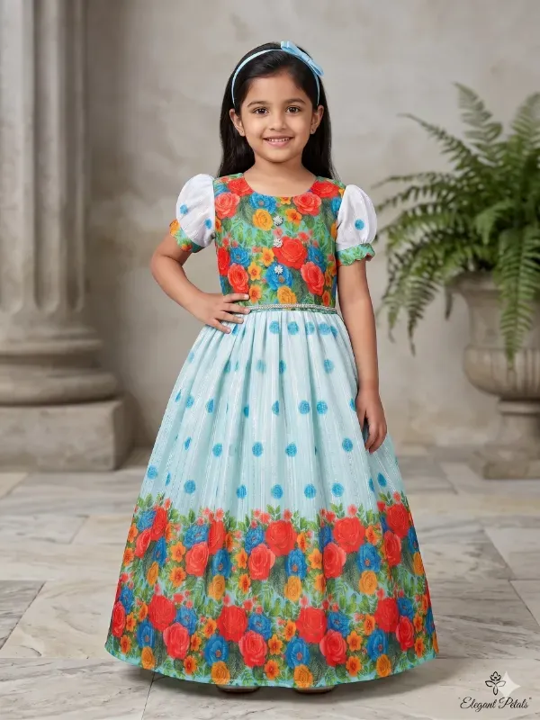 Trendy Floral Print A-Line Gown for Girls | Elegant Festive Party Wear Dress | Comfortable Multicolored Floral Kids Apparel