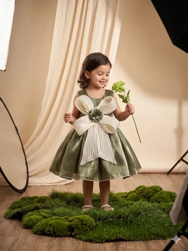 Elegant Olive Green Party Wear Dress for Girls | Premium A-Line Gown with Statement Bow | Festive & Birthday Special Outfit