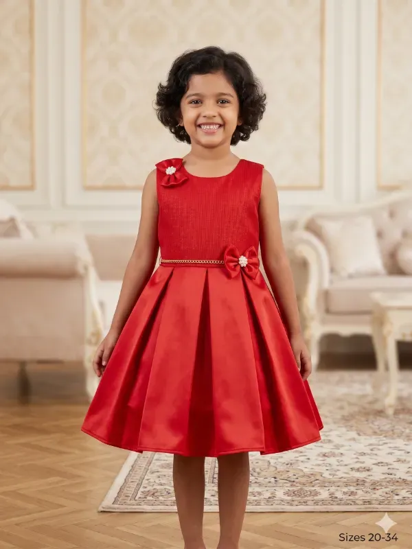 Girls Elegant Red Party Wear Sleeveless Fit & Flare Dress