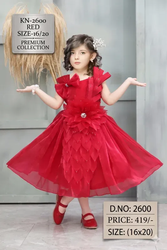 Girls Premium Red Party Wear Net Embellished Fit & Flare Dress