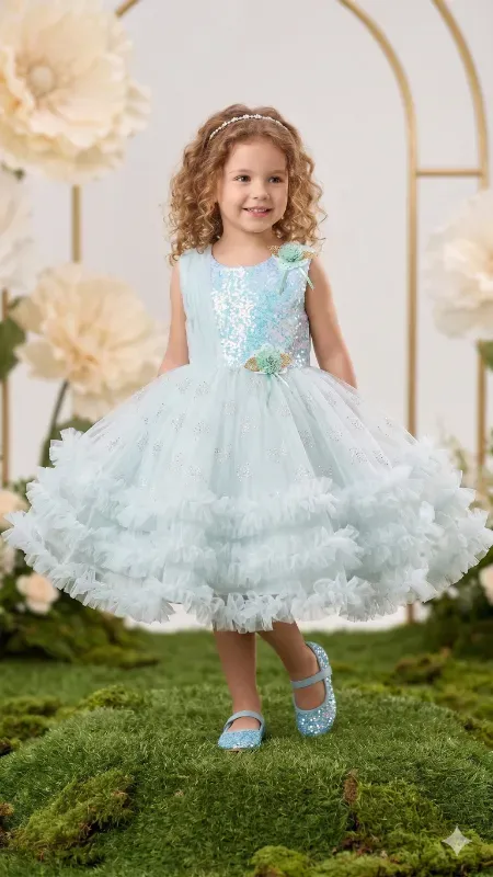 Princess Party Wear Girls Net Frock Dress – Aqua Blue