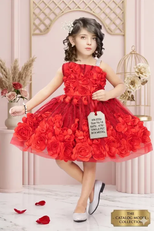 Floral Princess Girls Party Wear Net Frock Dress – Red