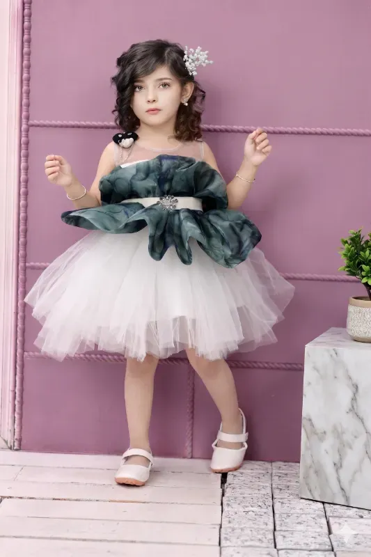 Designer Girls Party Wear Net Frock Dress – White & Bottle Green