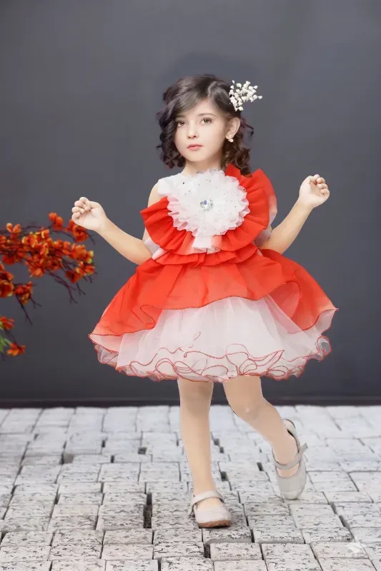 Fancy Girls Party Wear Designer Frock Dress – Red & White