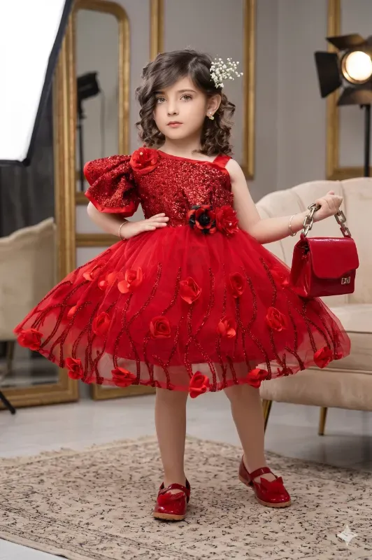Royal Red Floral Party Dress for Girls