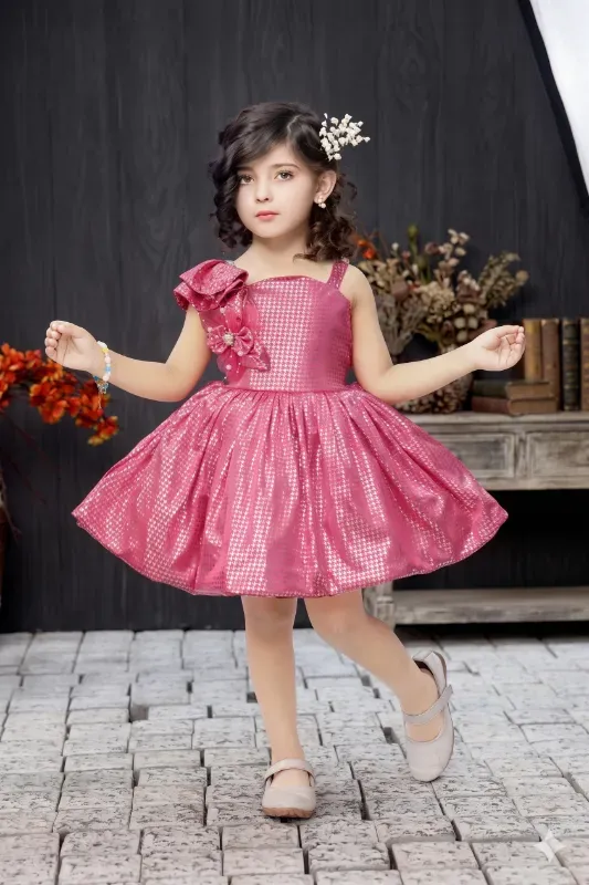 Shimmer Pink One-Shoulder Party Dress for Girls