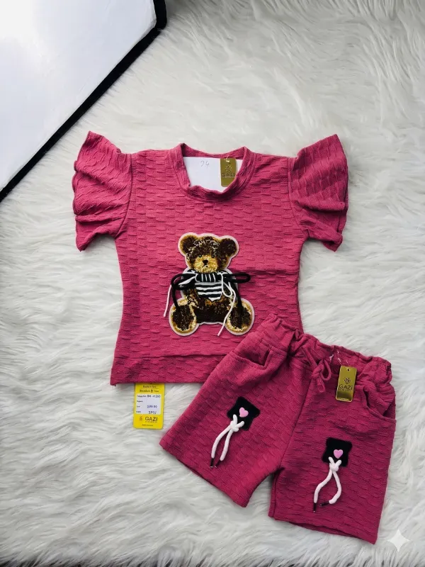Cute Teddy Print Girls Co-Ord Set – Dark Pink