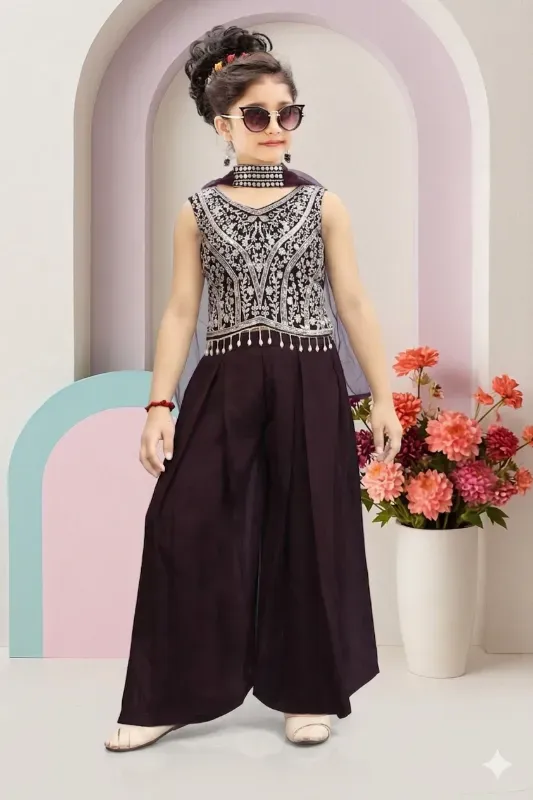 Stylish Girls Embroidered Top & Palazzo Set with Dupatta