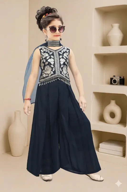 Stylish Girls Embroidered Top & Palazzo Set with Dupatta