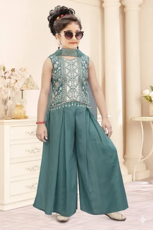 Stylish Girls Embroidered Top & Palazzo Set with Dupatta