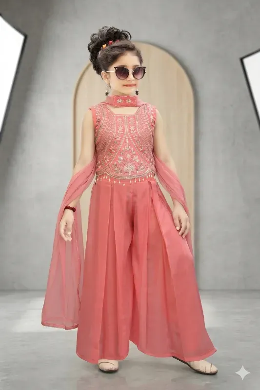 Stylish Girls Embroidered Top & Palazzo Set with Dupatta