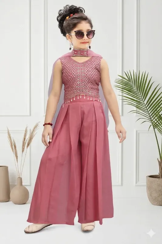 Stylish Girls Embroidered Top & Palazzo Set with Dupatta