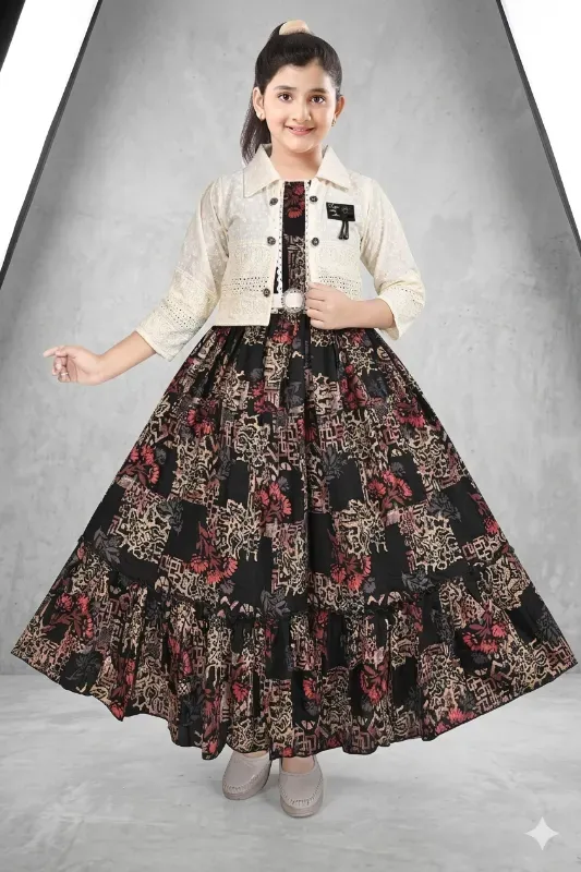 Stylish Girls Printed Flared Gown Dress with Shrug