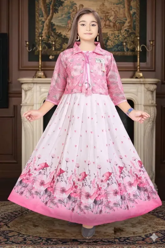 Girls Floral Printed Flared Gown Dress with Stylish Jacket