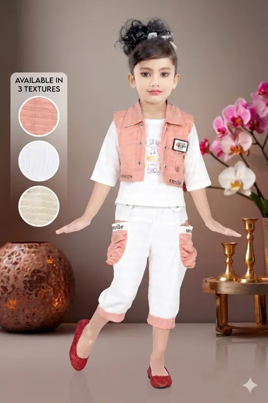 Girls Stylish Peach & White Cotton Blend Co-Ord Set with Jacket | Trendy Kids Casual Outfit