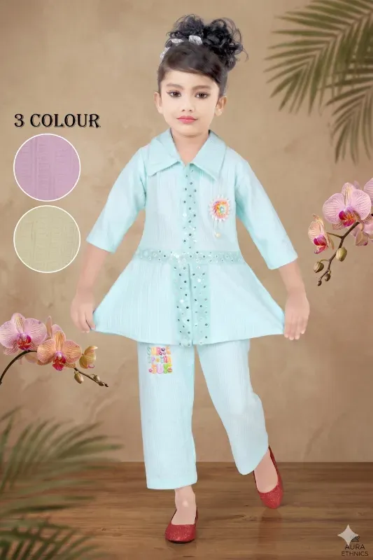 Girls Trendy Sky Blue Textured Co-Ord Set | Stylish Kids Casual Party Wear Outfit