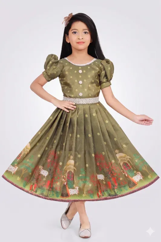 Girls Elegant Olive Green Printed Flared Party Dress | Stylish Kids Ethnic Gown