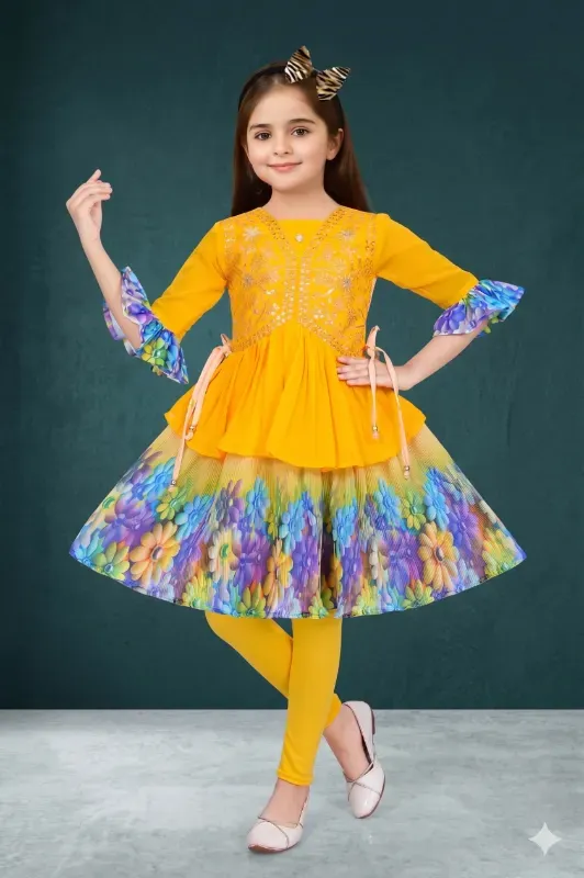 Trendy Kids Girls Georgette Floral Print Festive Frock Dress With Legging Set