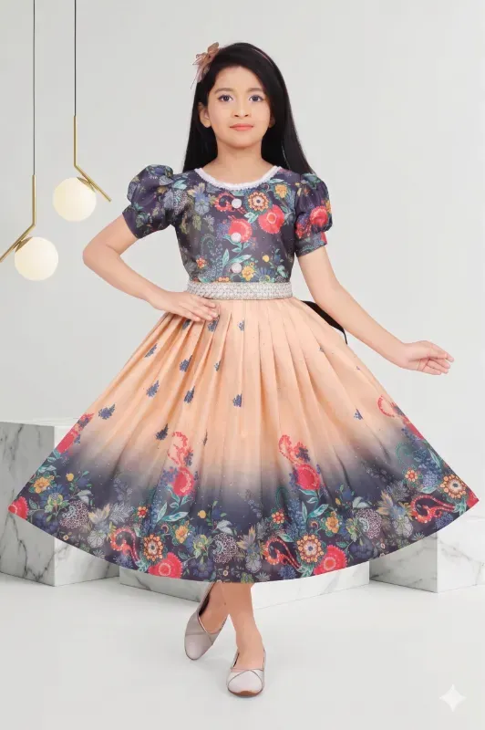 Princess Wear Kids Girls Digital Floral Print Silk Blend Festive Frock Dress