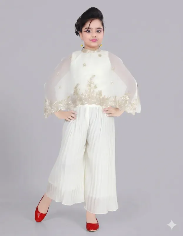 Girls White Embroidered Top & Bottom Set