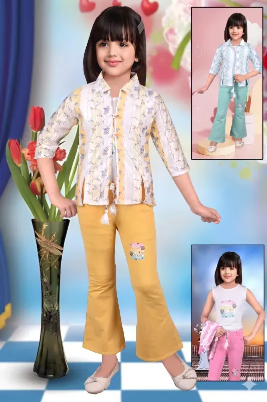 Trendy Girls Printed Shrug Top & Flared Pant Set