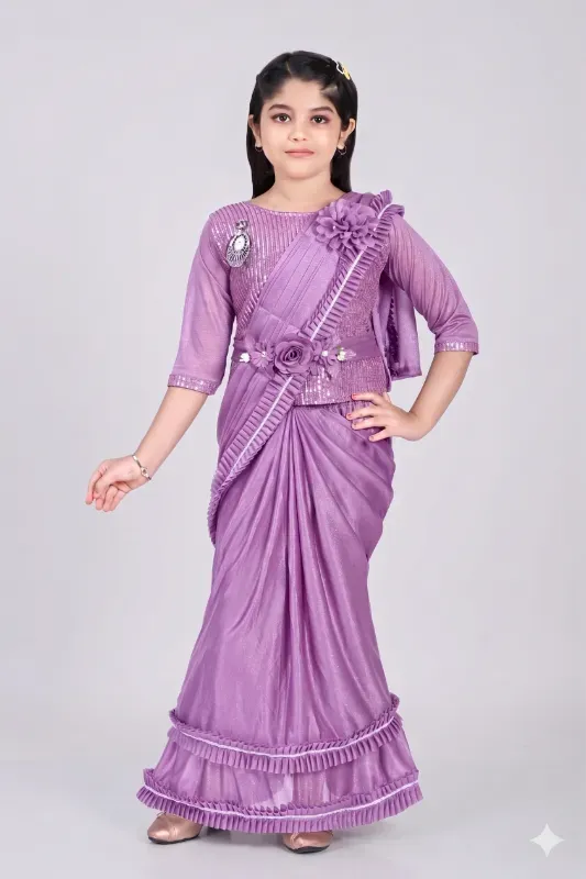 Trendy Kids Girls Ready To Wear Pre-Stitched Lycra Saree With Blouse & Belt Set