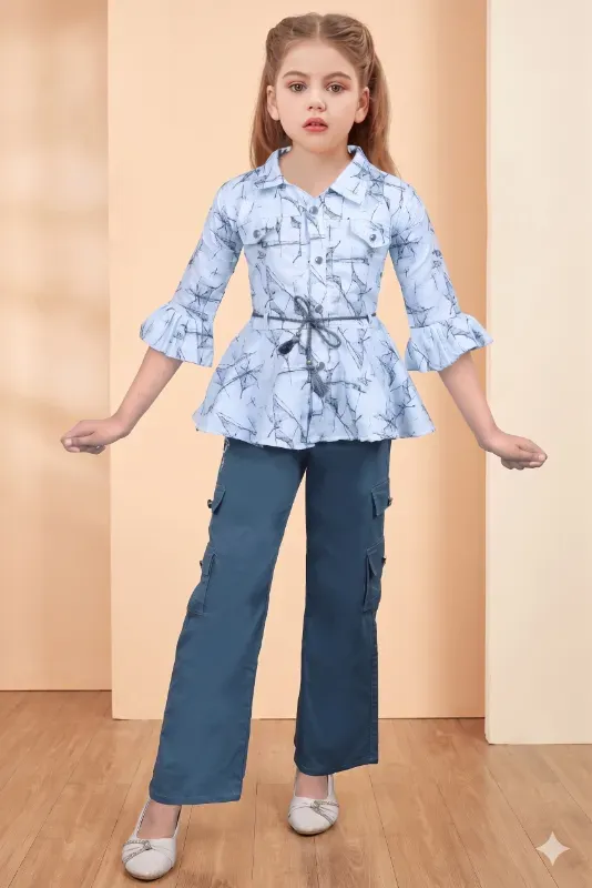 Cute Smart Kids Girls Abstract Print Flared Tunic Top With Cargo Style Pants Set