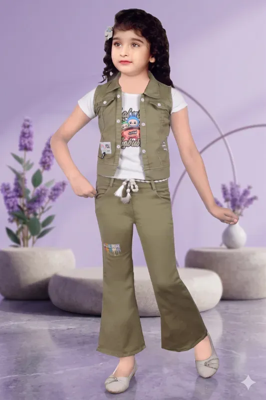 Modern Kids Girls Printed T-Shirt With Denim Jacket And Bootcut Pants 3-Piece Clothing Set