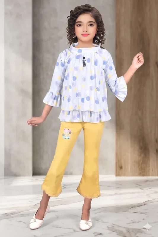 Cute Elegant Kids Girls Polka Dot Printed Flared Top With Bootcut Pants Set