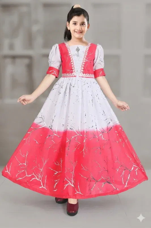 Trendy Kids Girls Festive Ombre Anarkali Gown | Party Wear Coral & White Foil Print Long Maxi Dress For Girls
