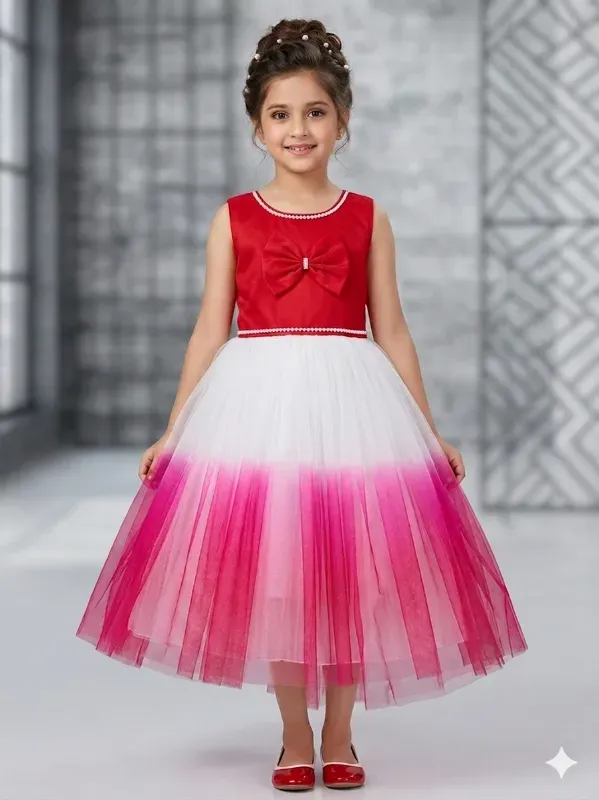 Classic Kids Girls Fancy Net Frock | Party Wear Red & Pink Ombre Net Frock Dress for Girls | Elegant Birthday Gown with Front Bow