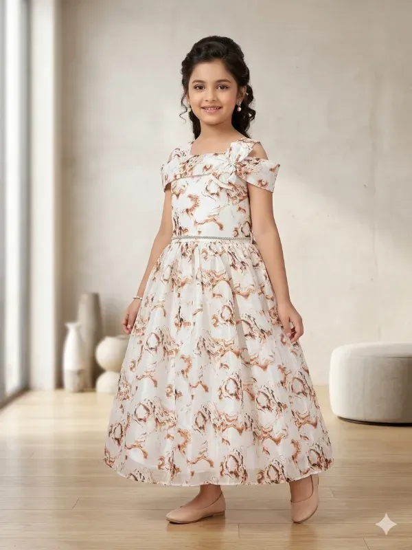 Modern Kids Girls White & Brown Marble Print Frock | Party Wear Cold-Shoulder Organza Gown | Elegant Off-White Printed Maxi Dress for Girls
